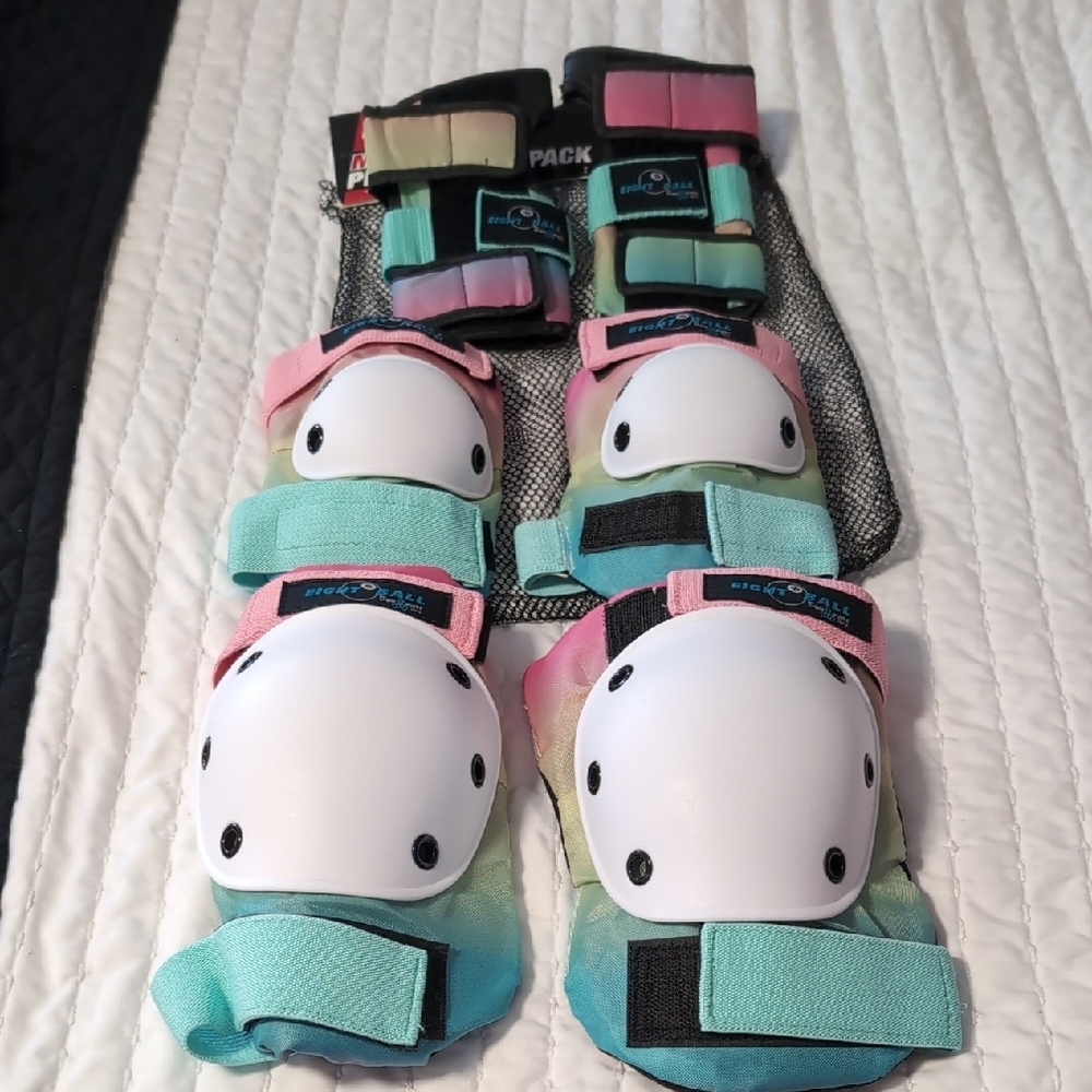 Playful Pink and Blue Knee and Elbow Pads with Cartoon Design